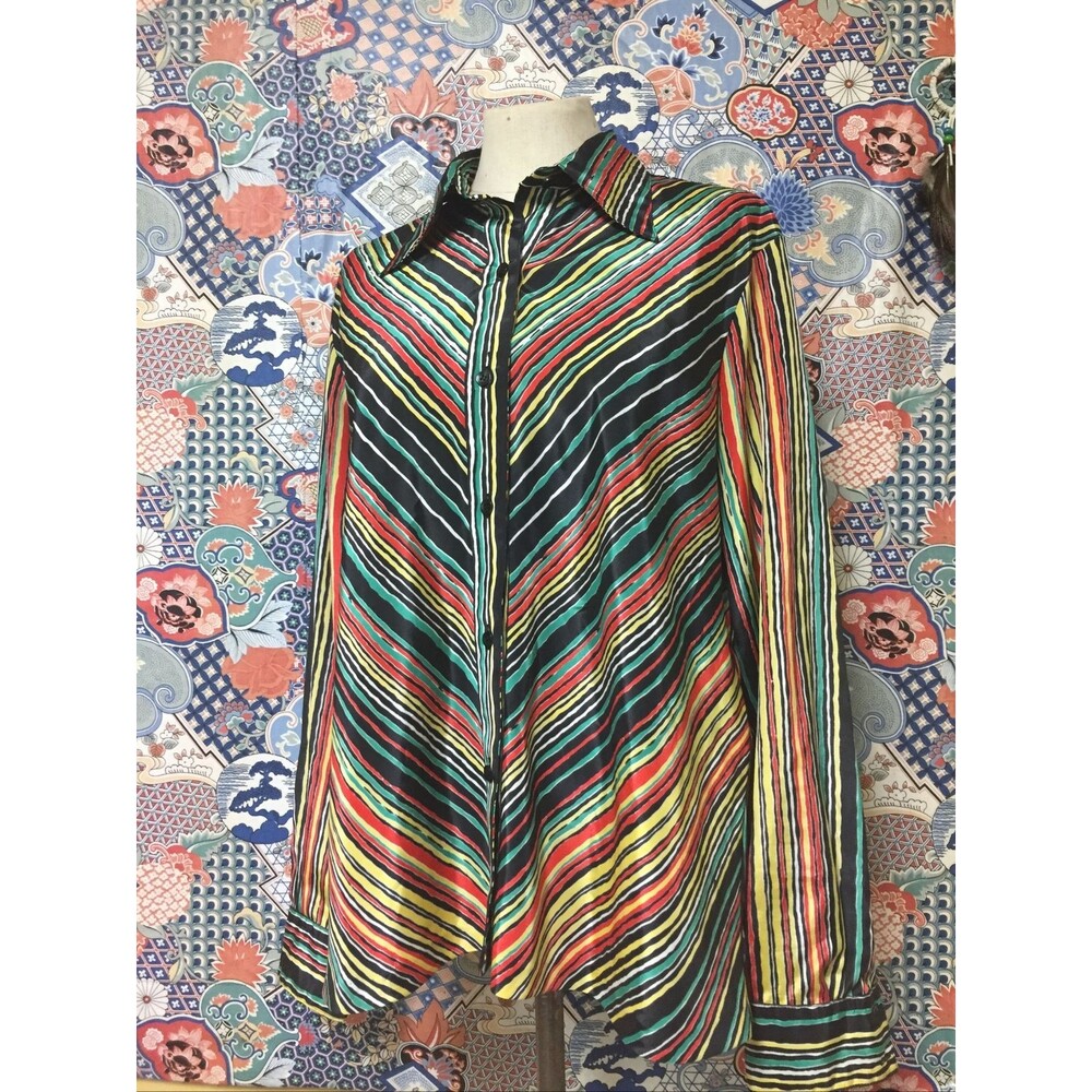 VINTAGE 70s Lady Manhattan button Up Rasta shirt Medium Large Retro Top Blouse